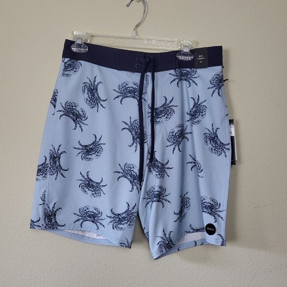 RVCA Other - RVCA Mens Blue Crab Print Drawstring Waist Swim Trunk Board Shorts Size 30